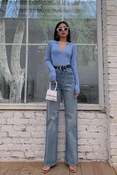 Дамски дънки с висока талия и джобове - тип чарлстон