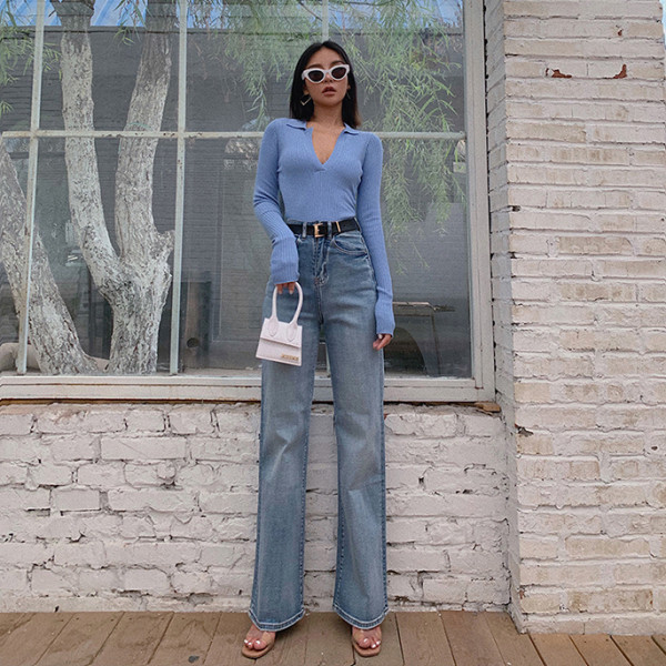 Дамски дънки с висока талия и джобове - тип чарлстон