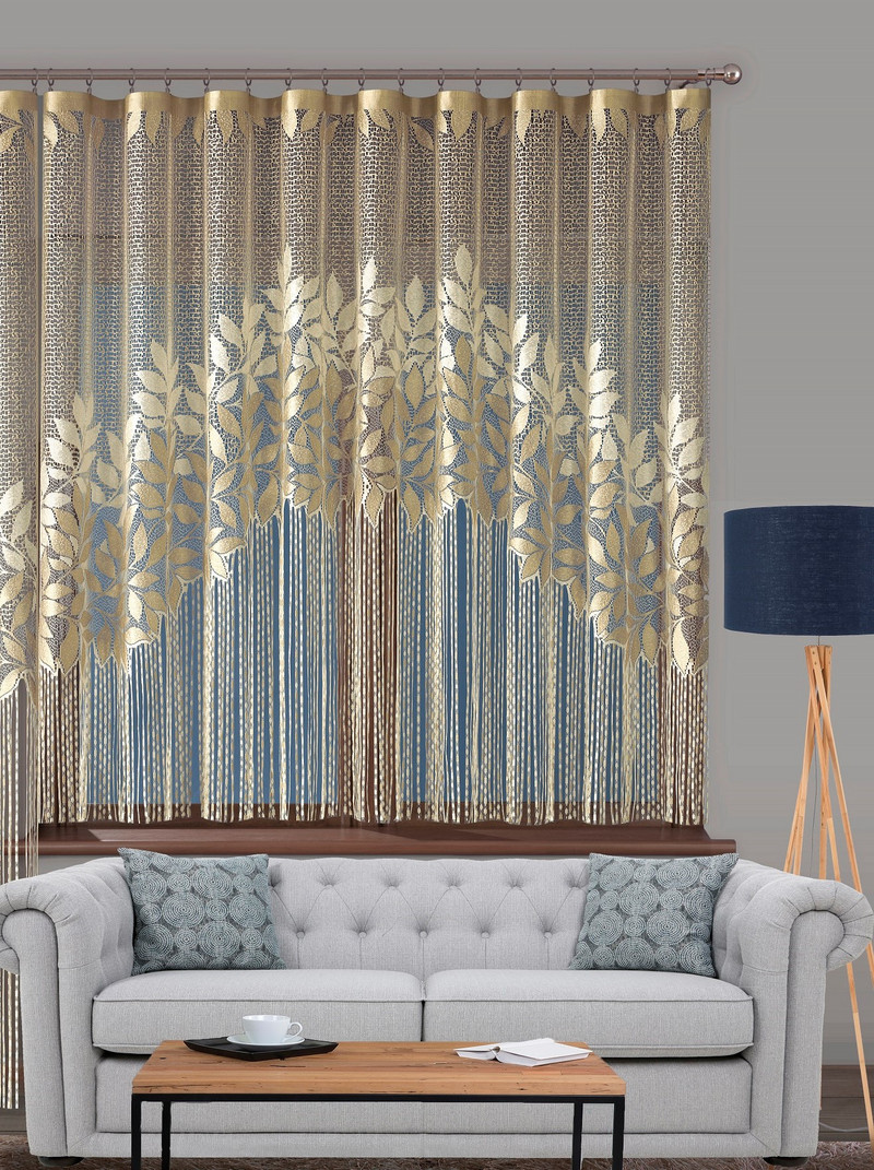 Комплект пердета дантела с ширит лента Uncja,  Дълго перде - 150x250 cm и късо перде 300 х 180 см, 100% Полиестер, Златист