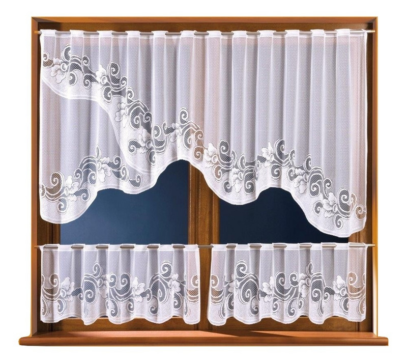 Готово перде дантела за кухня комплект от 3 броя с улей дупки за корниз 2 броя x (40 x 125 cm) + 250 x 100 cm, 100% Полиестер, Бял цвят