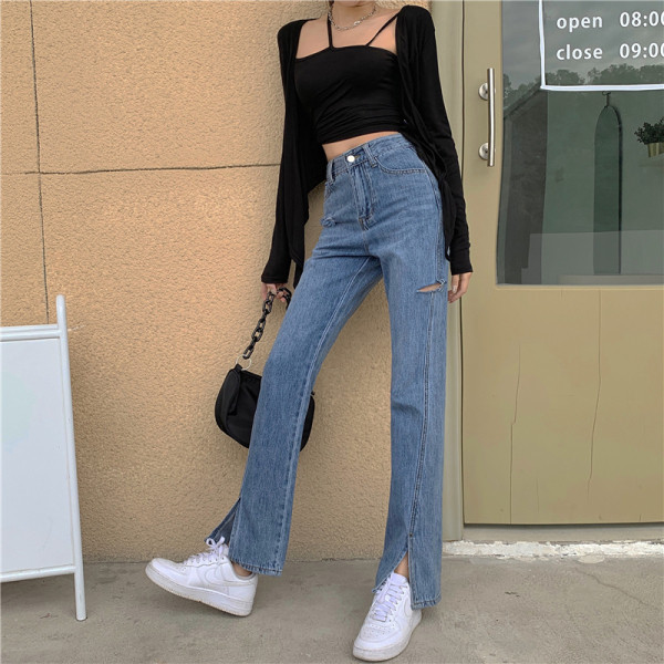 Нов модел дамски дънки с висока талия и скъсани мотиви - син цвят