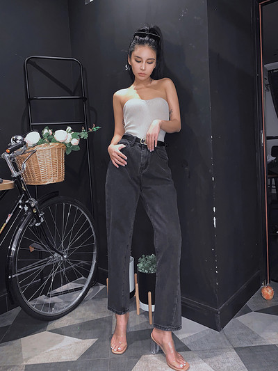 Дамски ежедневни дънки широк модел с джобове и висока талия