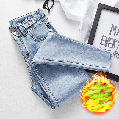 Дамски ластични дънки с топла подплата в син цвят