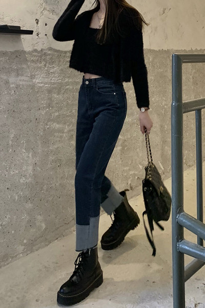 Модерни дамски дънки с висока талия -син цвят