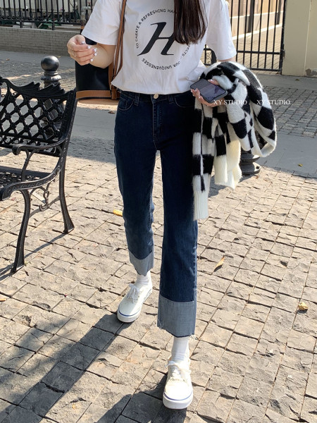 Модерни дамски дънки с висока талия -син цвят