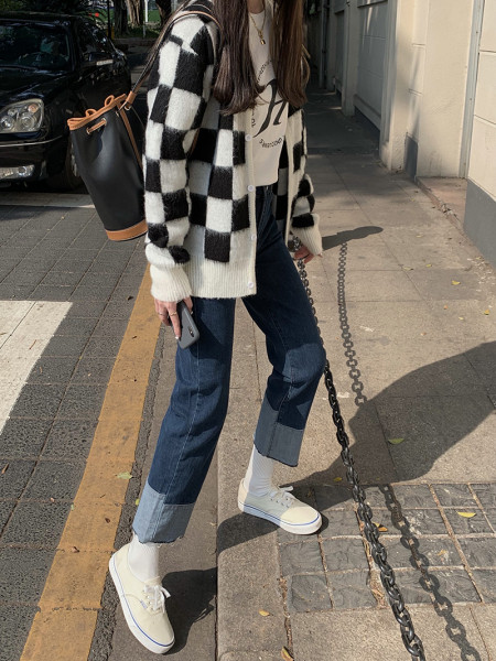 Модерни дамски дънки с висока талия -син цвят