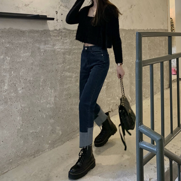 Модерни дамски дънки с висока талия -син цвят