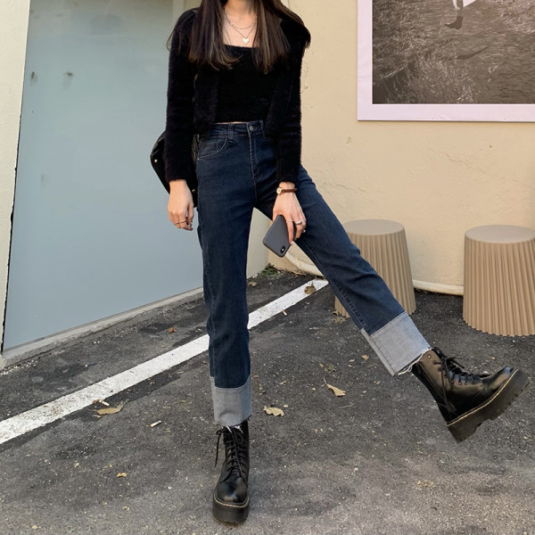 Модерни дамски дънки с висока талия -син цвят