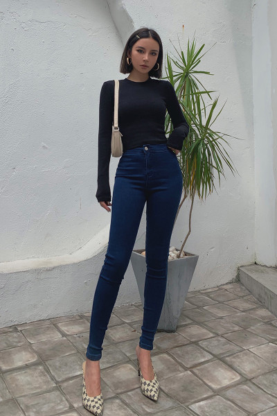 Дамски ежедневни дънки с  висока талия и джобове - Slim Модел