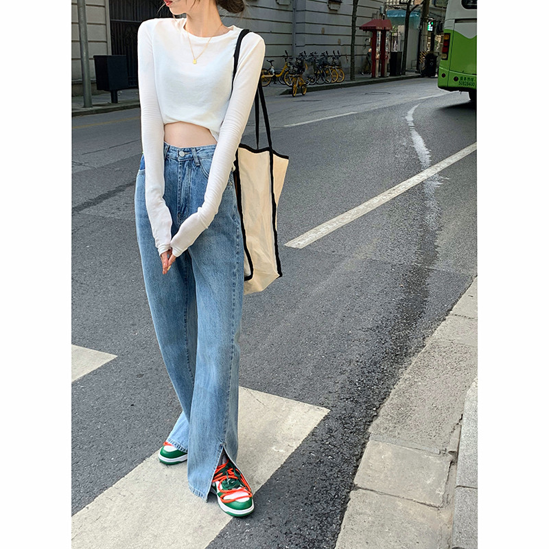 Ежедневни дамски дънки с висока талия - син цвят