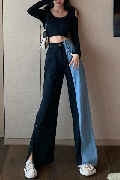 Двуцветни дамски дънки с висока талия