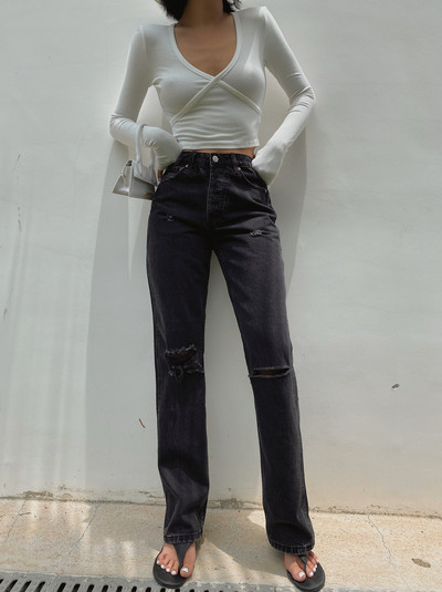 Γυναικεία τζιν με σκισμένο μοτίβο και ψηλή μέση σε μπλε χρώμα