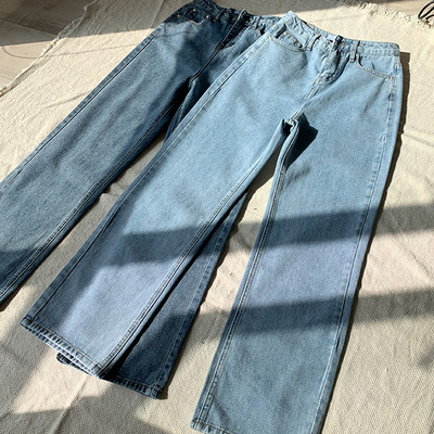 Дамски дънки широк модел с джобове и висока талия в син цвят