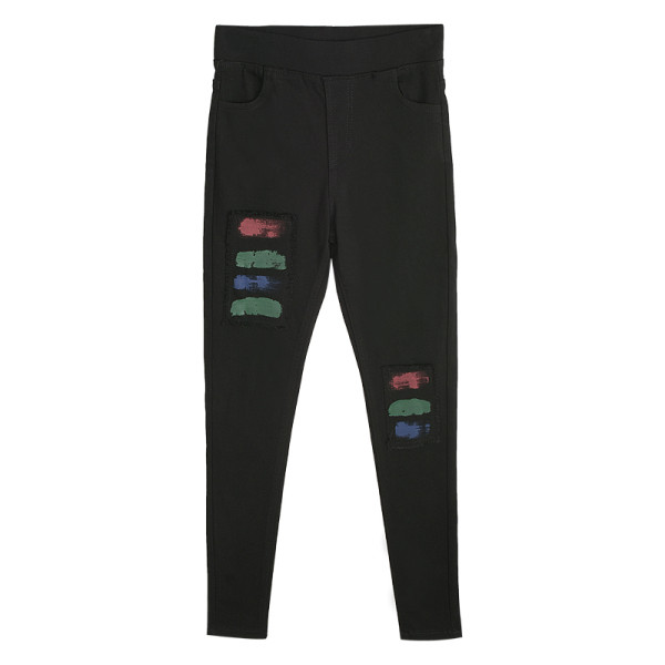 Ženske traperice sa poderanim motivima i visokim strukom u crnoj boji