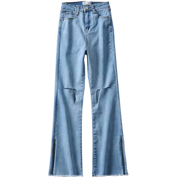 Kõrge vöökoha ja rebenenud motiiviga naiste teksad