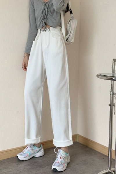 Kõrge vöökohaga vabaaja naiste teksad – lai mudel