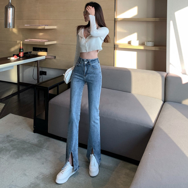 Uus kõrge vöökohaga elastsete teksade mudel, sinine naistele