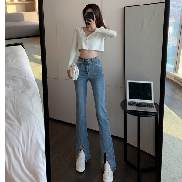 Uus kõrge vöökohaga elastsete teksade mudel, sinine naistele