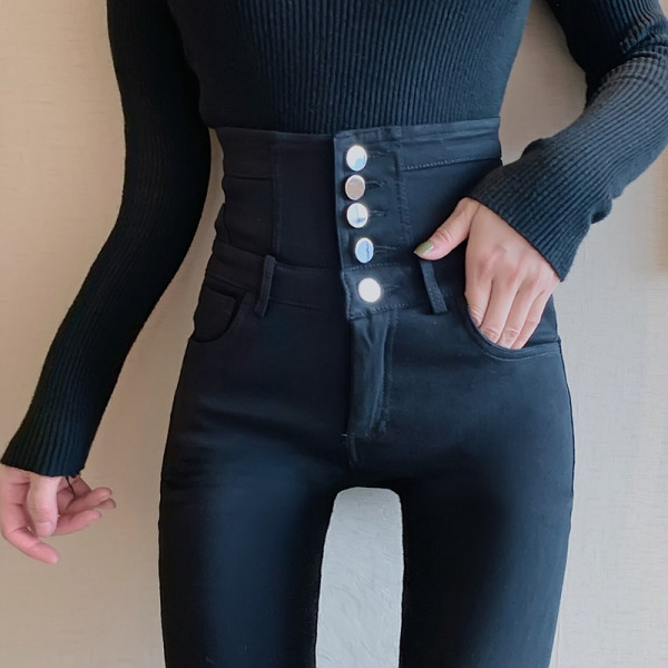 Дамски дънки силно вталени с висока талия и копчета