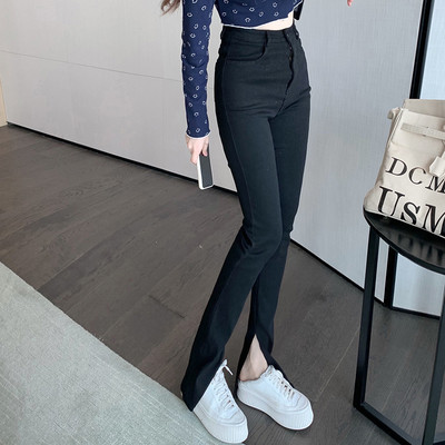 Γυναικεία τζιν casual με τσέπες και ψηλή μέση σε μαύρο χρώμα