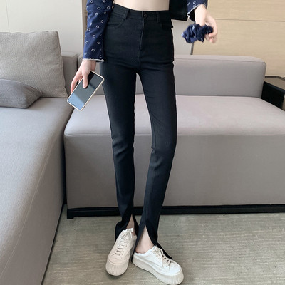 Naiste vabaaja teksad taskute ja kõrge vöökohaga musta värvi