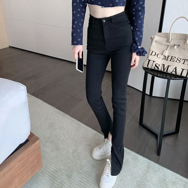 Naiste vabaaja teksad taskute ja kõrge vöökohaga musta värvi