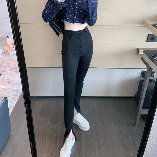 Naiste vabaaja teksad taskute ja kõrge vöökohaga musta värvi