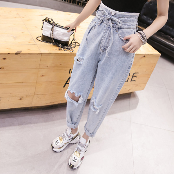 Дамски ежедневни дънки с разкъсан десен и колан