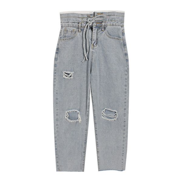 Дамски ежедневни дънки с разкъсан десен и колан