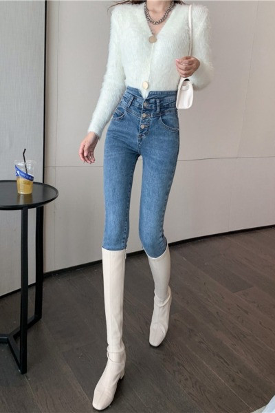 Дамски ежедневни дънки с висока  талия и копчета