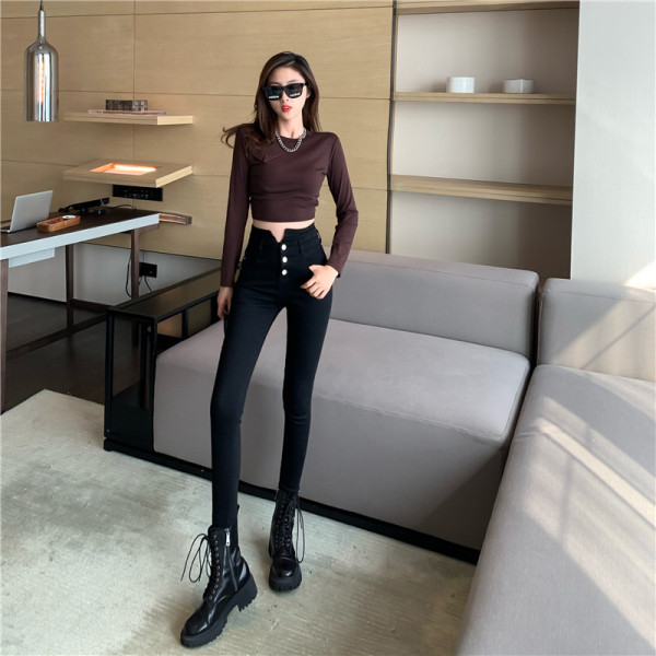 Дамски ежедневни дънки с висока  талия и копчета