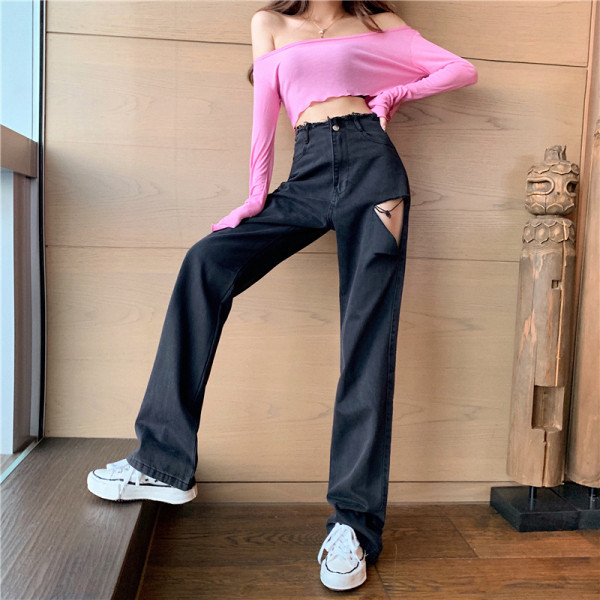 Γυναικεία τζιν με ψηλή μέση και σχισμένο μοτίβο