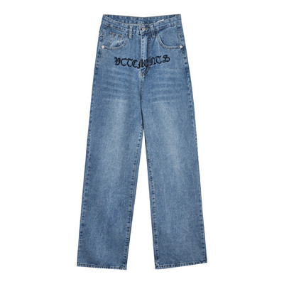 Широк модел дълги дънки с бродиран надпис