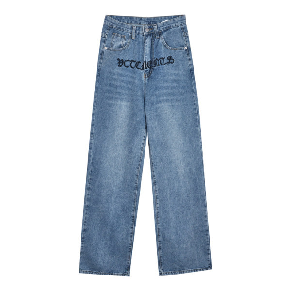 Широк модел дълги дънки с бродиран надпис