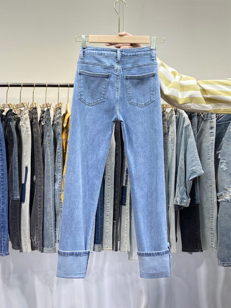 Naiste vabaaja teksapüksid taskutega-sirge mudel