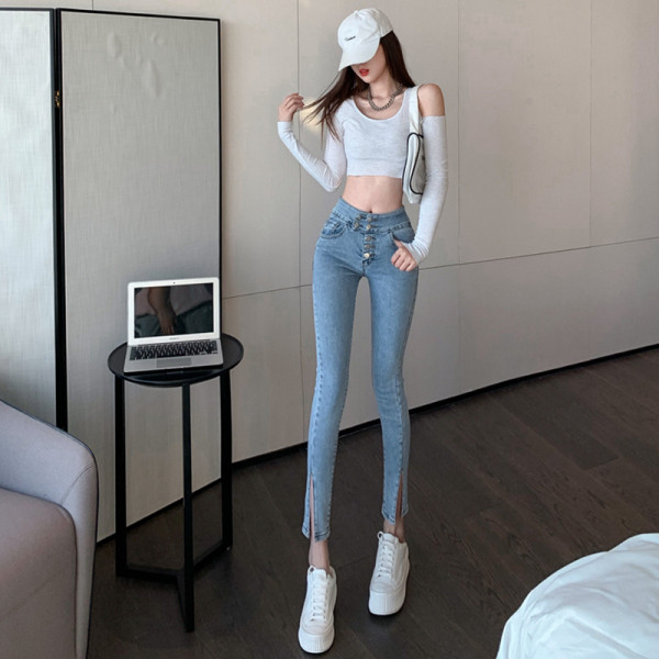 Kevadised sinist värvi kõrge pihaga naiste teksad