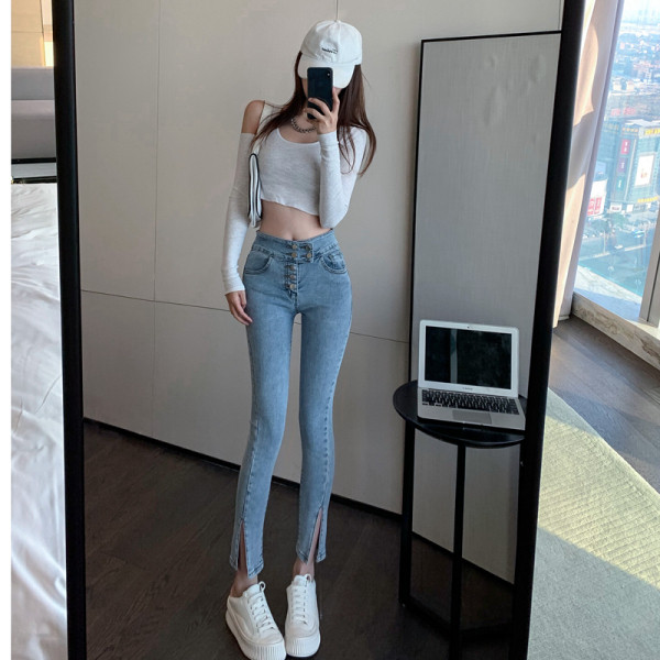 Kevadised sinist värvi kõrge pihaga naiste teksad