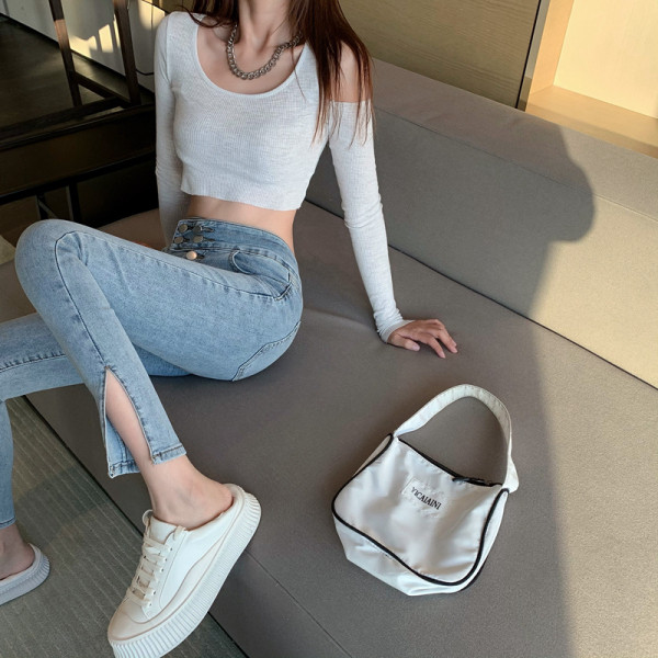 Kevadised sinist värvi kõrge pihaga naiste teksad