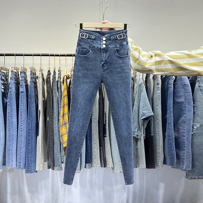 Stiilsed naiste elastsed teksad taskute ja kõrge vöökohaga