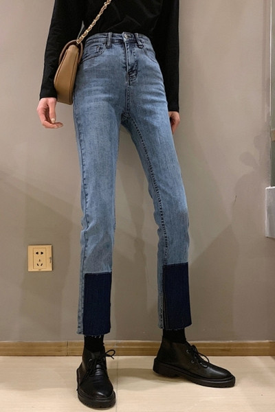 Kevad-sügis teksapükste sirge kõrge vöökohaga mudel