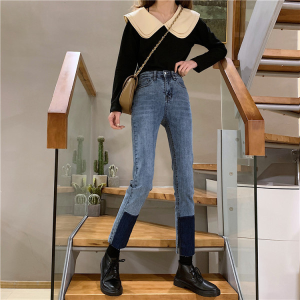 Kevad-sügis teksapükste sirge kõrge vöökohaga mudel