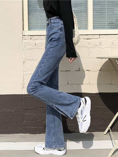 Дамски дънки с висока талия в син цвят с цепки 