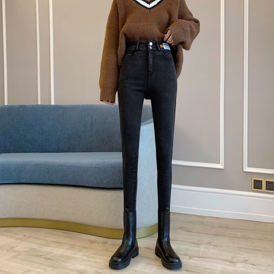 Γυναικεία τζιν casual με ψηλή μέση και τσέπη σε μαύρο χρώμα