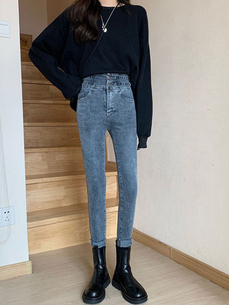 Дамски ластични дънки с висока талия в син и черен цвят