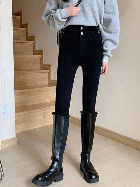 Дамски ластични дънки с висока талия в син и черен цвят