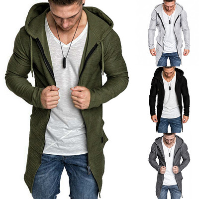 Men`s modern long sweatshirt with a hood and ties