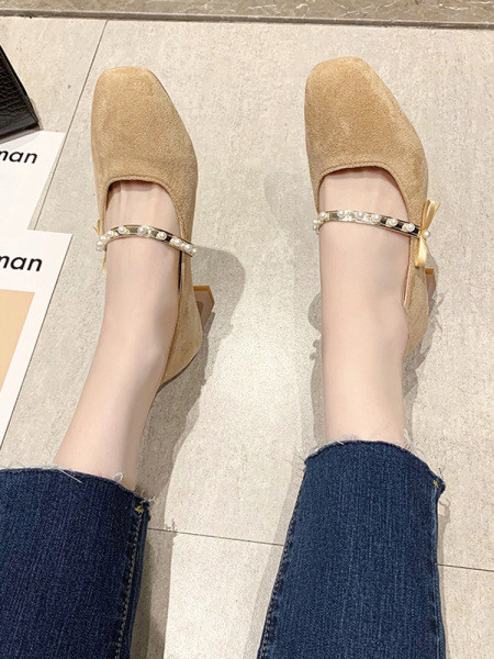 Casual παπούτσια με πέρλες και τετράγωνο τακούνι για γυναίκες