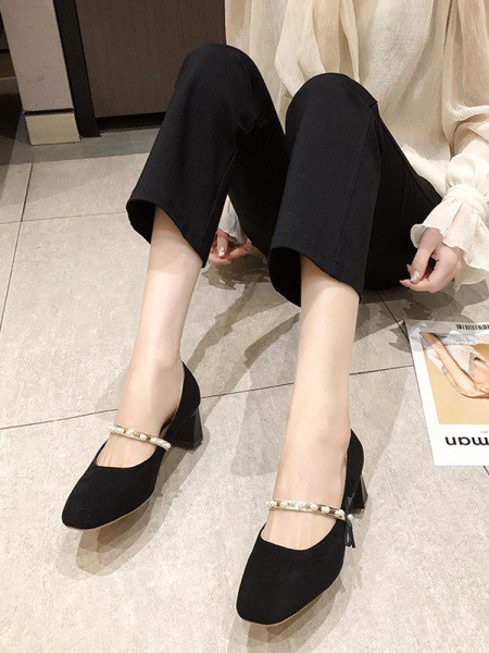 Casual παπούτσια με πέρλες και τετράγωνο τακούνι για γυναίκες