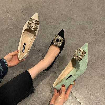 Стилни дамски обувки от еко велур и метален елемент
