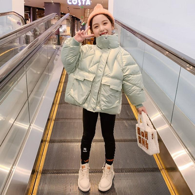 Модерно детско яке с джобове за момичета с висоак яка